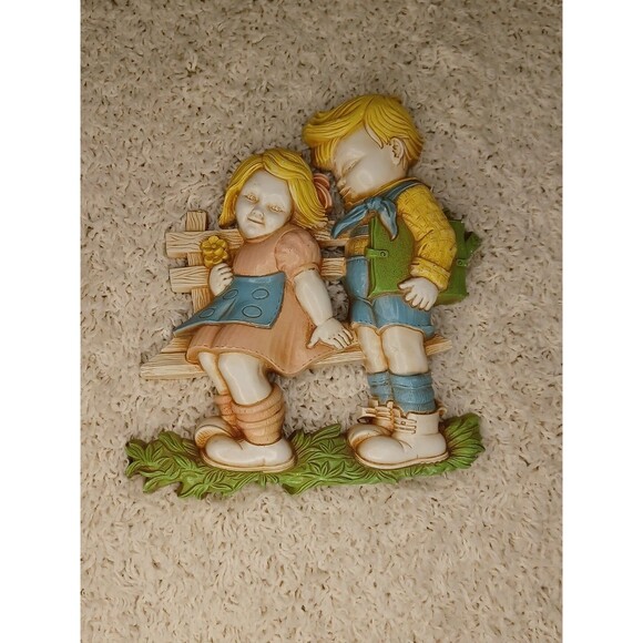 Antique Homco Wall Decor Two Kids Sitting On Bench Love Cute couple VTG Decor - Picture 2 of 8